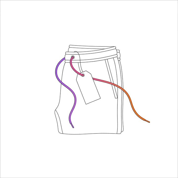 Ink drawing of folded sweatpants with a blank swing tag; the drawstring loops through the tag's eyelet.