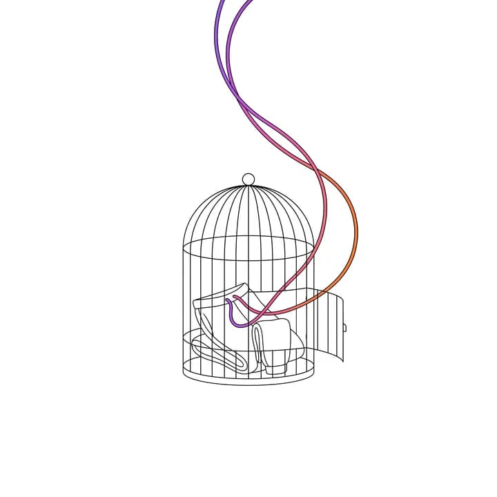 Ink drawing of a domed birdcage with its door ajar; inside, folded sweatpants whose drawstring slips out between the bars.
