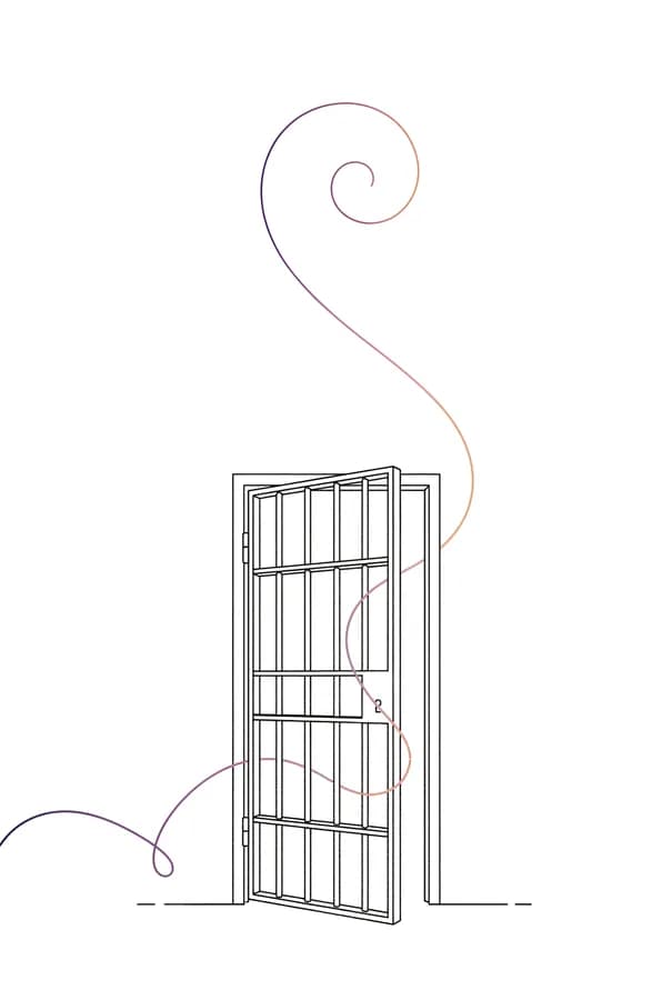 Ink drawing of a prison cell door standing ajar; a single drawstring slips between the bars and curls up into free air.