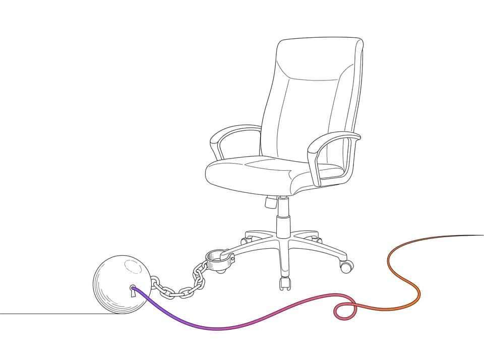 Ink drawing of an executive swivel chair with a prisoner's ball and chain shackled to its wheeled base; the drawstring slips into the iron ball's keyhole like a lock-pick.