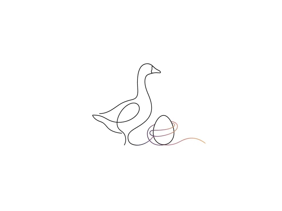 Ink drawing of a goose drawn in a single line standing over its egg; the drawstring gift-wraps the egg at its feet.