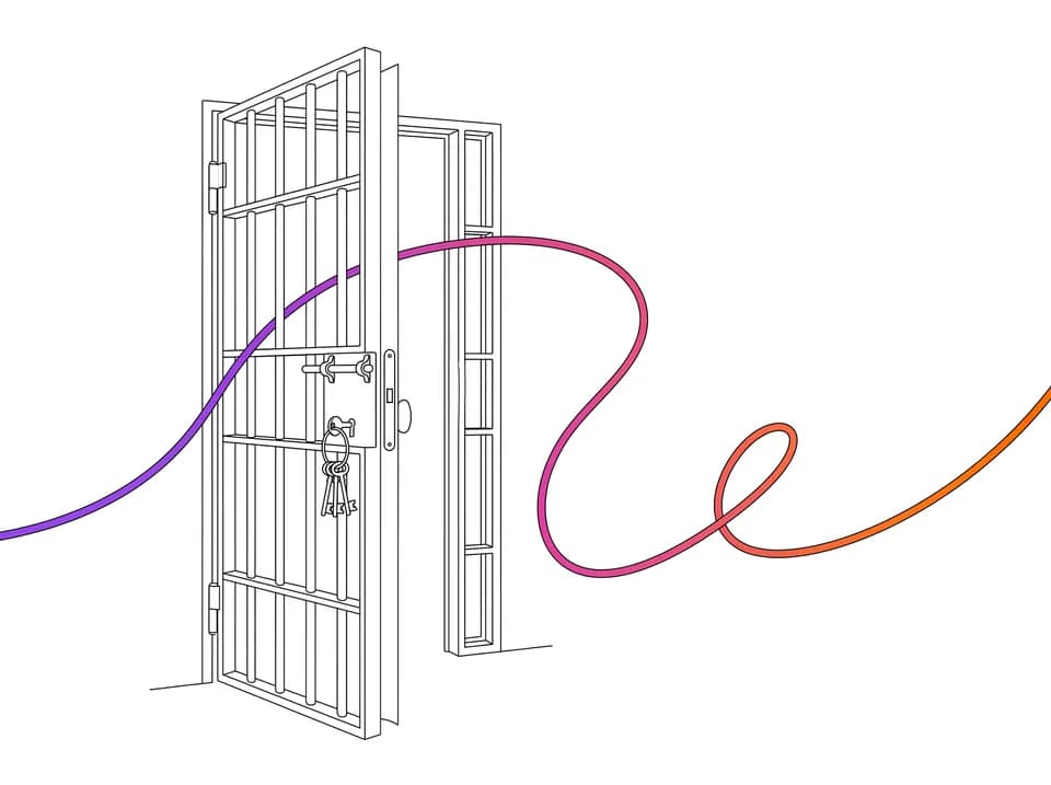 Ink drawing of a heavy barred cell door swung wide open, keys still in the lock; the drawstring streams out through the doorway in a joyful loop.