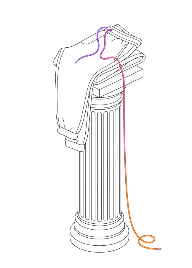 Ink drawing of folded sweatpants displayed on a classical museum plinth like a priceless sculpture; the drawstring spills over the plinth's edge and cascades to the floor.