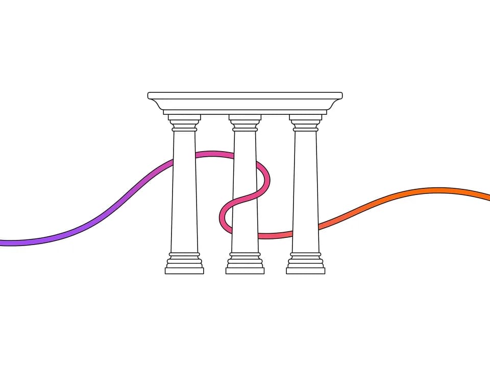 Ink drawing of three classical columns carrying one stone beam; the drawstring weaves in front of and behind the columns — what really holds them together.